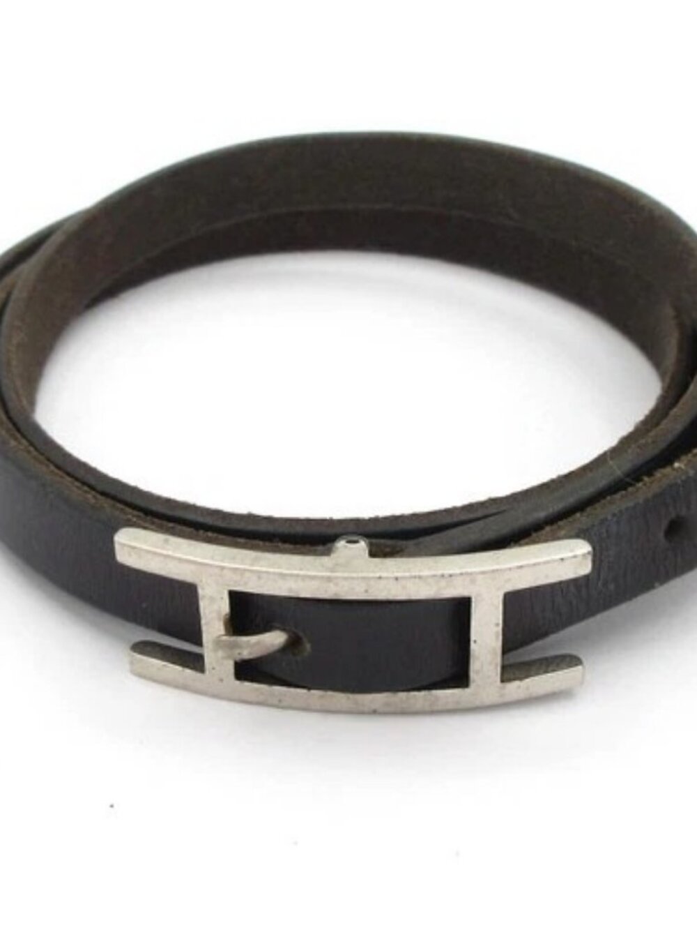 HERMES Hapi 3 Black Silver Leather Hardware Unclear Bracelet
